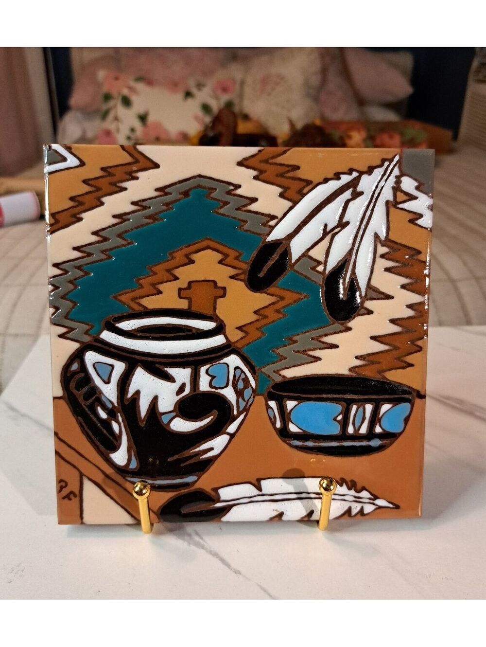 Vintage Earthtones "The Singing Clay" Southwestern Native Ceramic Tile Trivet 6"